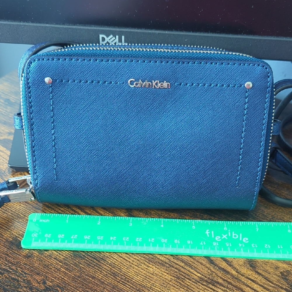Calvin Klein Blue Saffiano Crossbody Wallet with Gold Logo